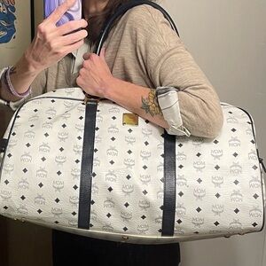 MCM Authentic Vintage White and Midnight Blue Large Travel Bag